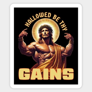 Hallowed Be Thy Gains – Funny Gym Jesus Fitness Meme Design Sticker
